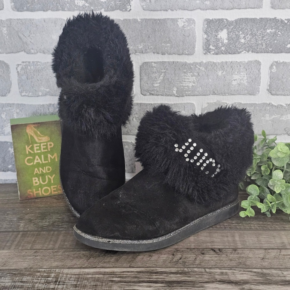 Juicy Couture Black Faux Fur Rhinestone Logo Ankle Boots Women 7- 7.5  **READ**